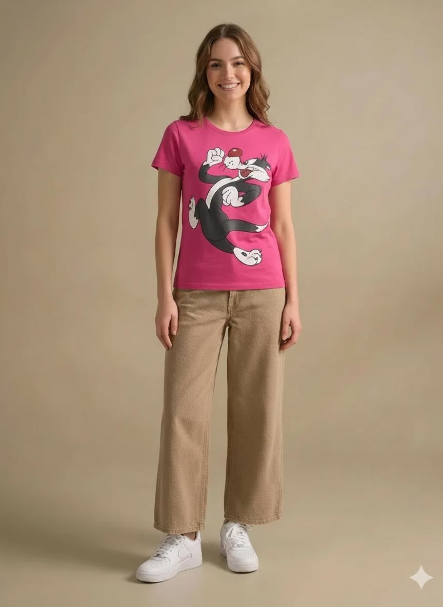 Women Hot Pink Looney Tunes Printed T-shirt