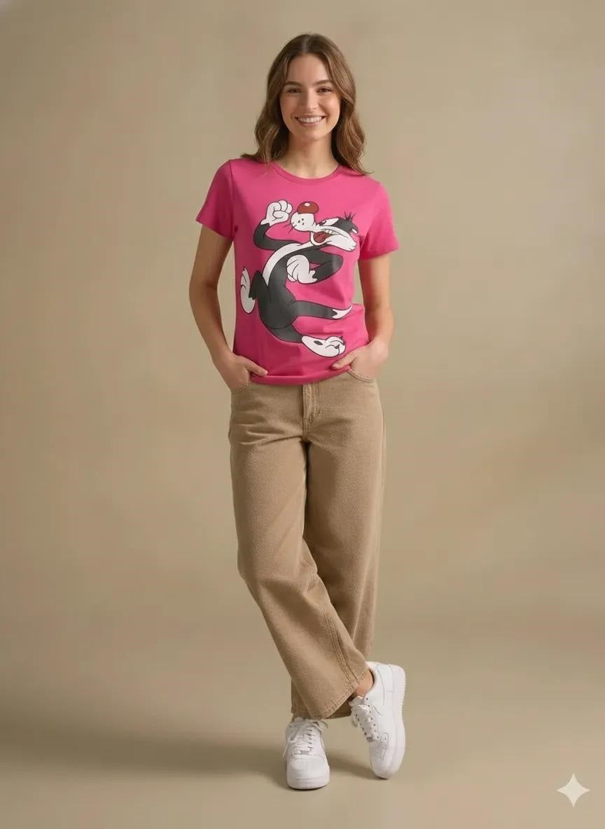 Women Hot Pink Looney Tunes Printed T-shirt