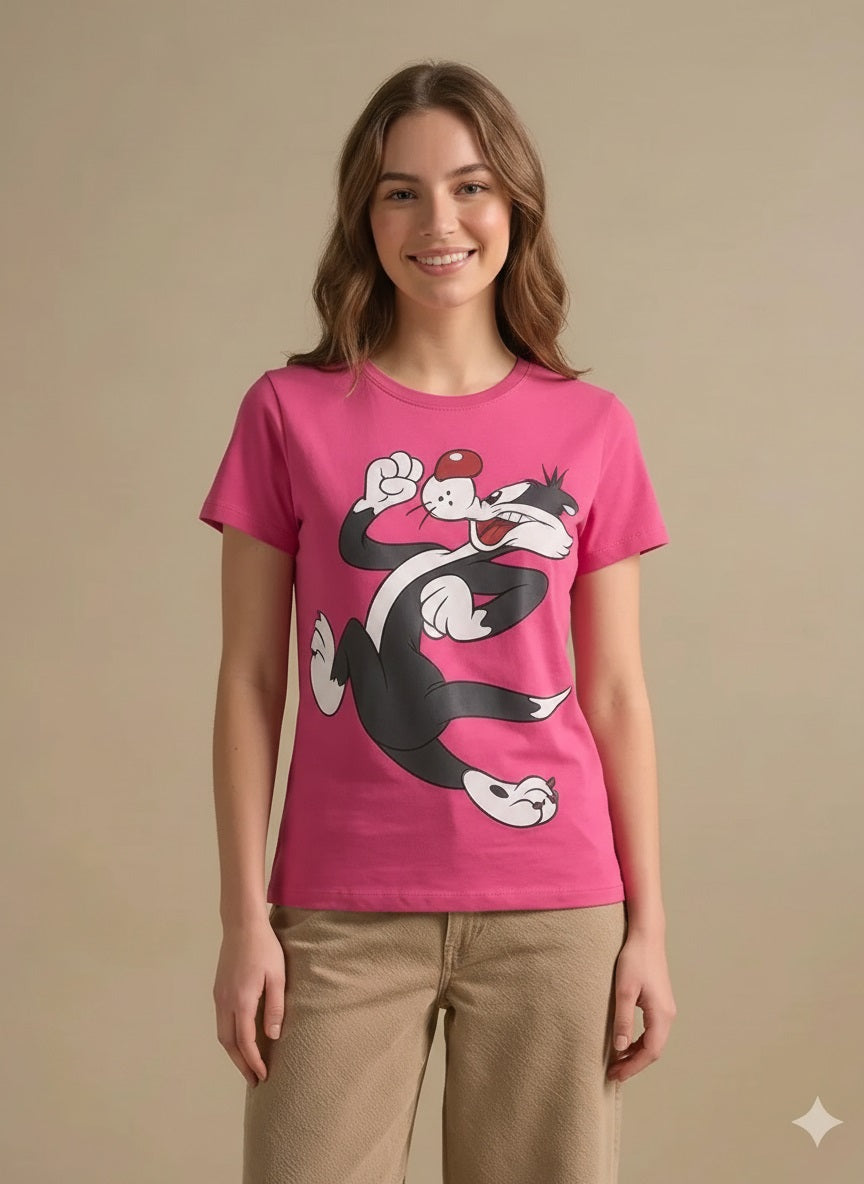 Women Hot Pink Looney Tunes Printed T-shirt