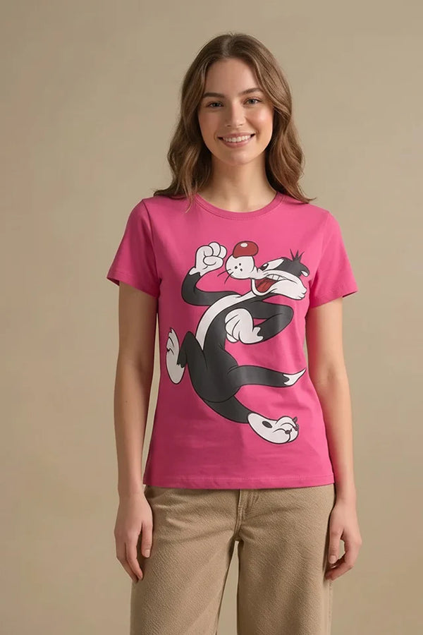 Women Hot Pink Looney Tunes Printed T-shirt