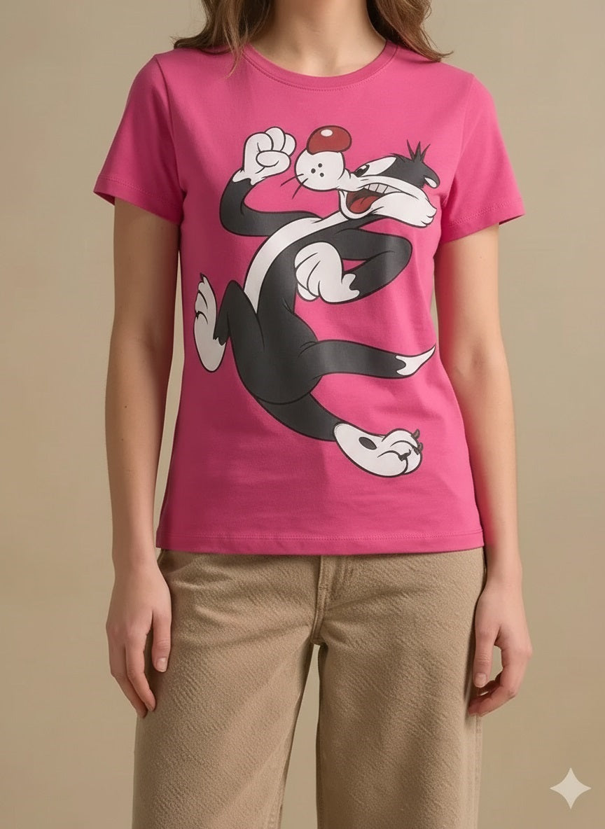 Women Hot Pink Looney Tunes Printed T-shirt