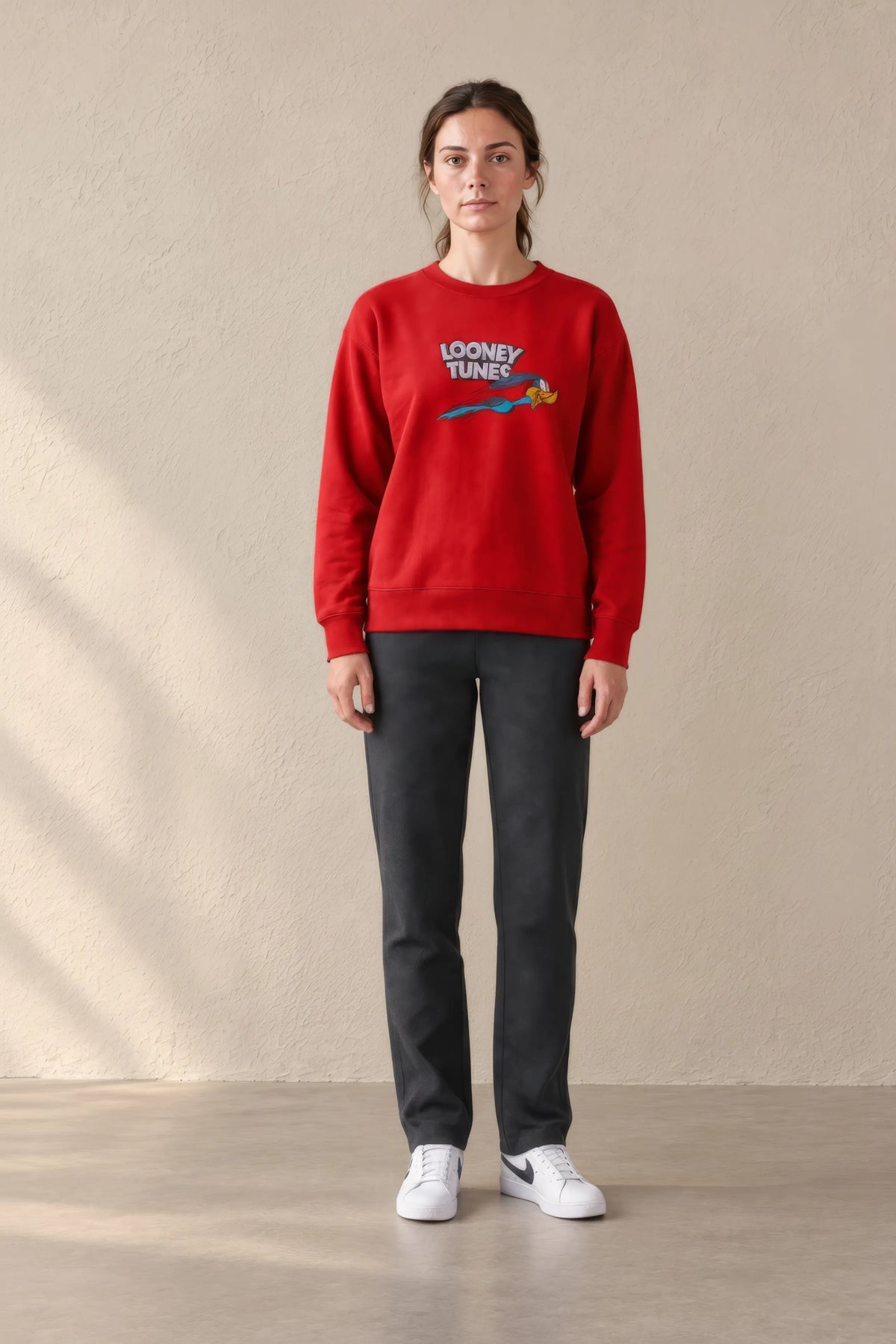 Women’s Tomato Brushed Cotton Looney Tunes Road Runner Sweatshirt | Regular Fit Crew Neck Graphic Sweatshirt