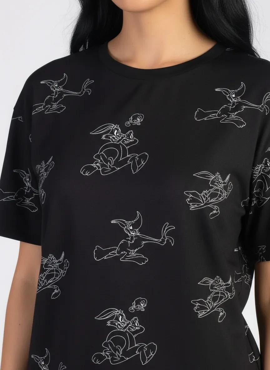Women Black Looney Tunes Printed T-shirt