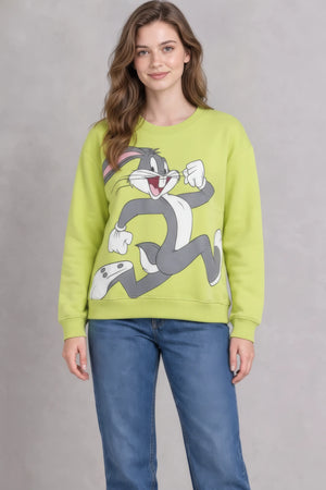 Women’s Lime Green Knitted Cotton Fleece Looney Tunes Graphic Sweatshirt – Regular Fit