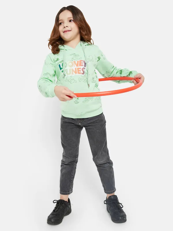 Mettle Girls Green Printed Hooded Sweatshirt