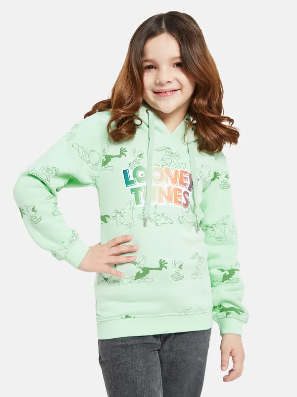 Mettle Girls Green Printed Hooded Sweatshirt