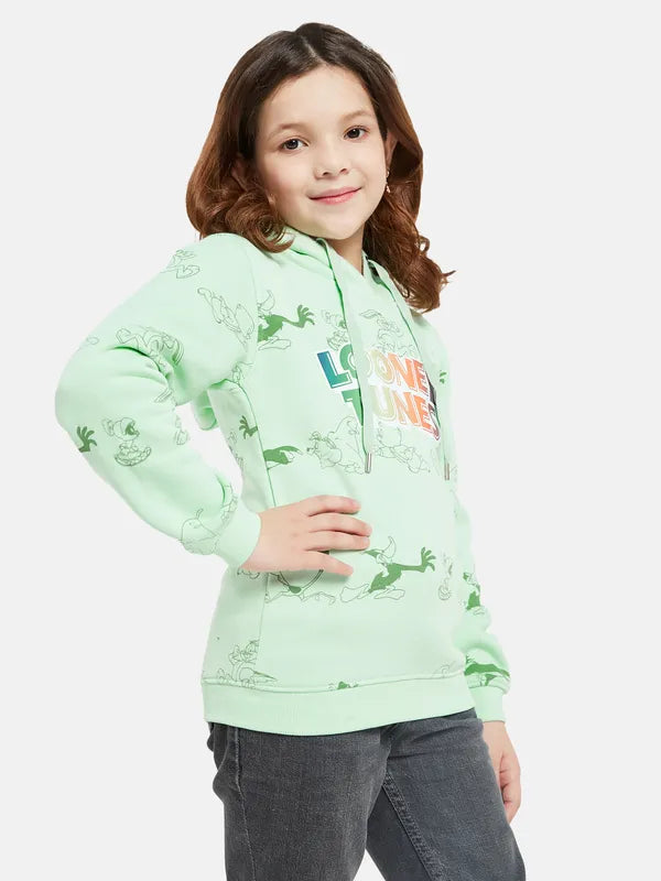 Mettle Girls Green Printed Hooded Sweatshirt