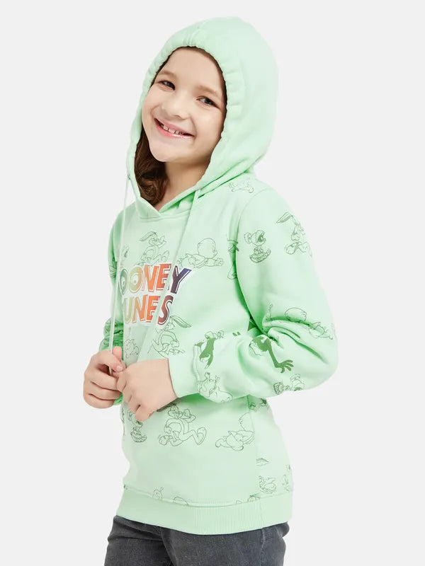 Mettle Girls Green Printed Hooded Sweatshirt