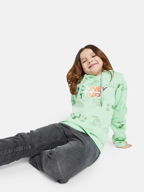 Mettle Girls Green Printed Hooded Sweatshirt