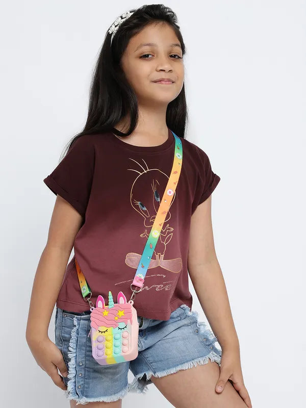 Mettle Girls Graphic Printed Extended Sleeves Cotton Casual T-Shirt