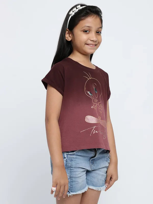 Mettle Girls Graphic Printed Extended Sleeves Cotton Casual T-Shirt