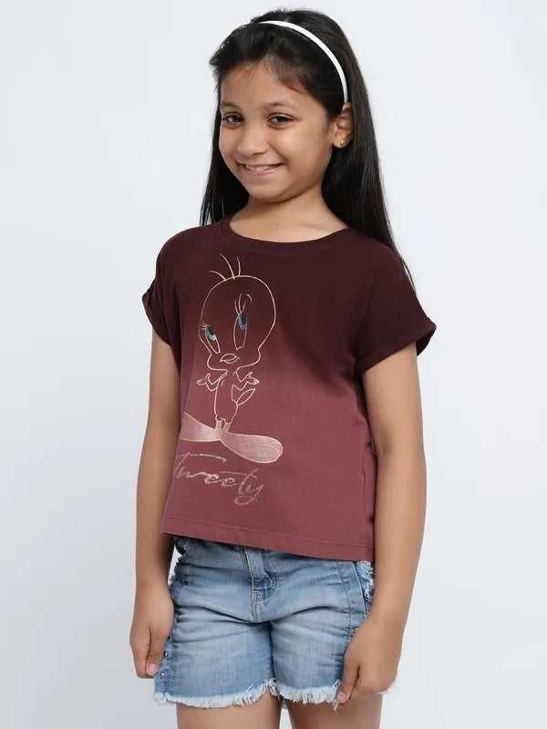 Mettle Girls Graphic Printed Extended Sleeves Cotton Casual T-Shirt