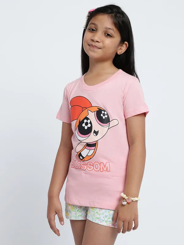 Mettle Girls Humour And Comic Powerpuff Girls Printed Cotton T-Shirt