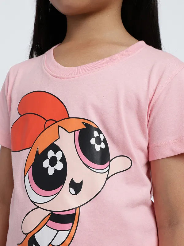 Mettle Girls Humour And Comic Powerpuff Girls Printed Cotton T-Shirt