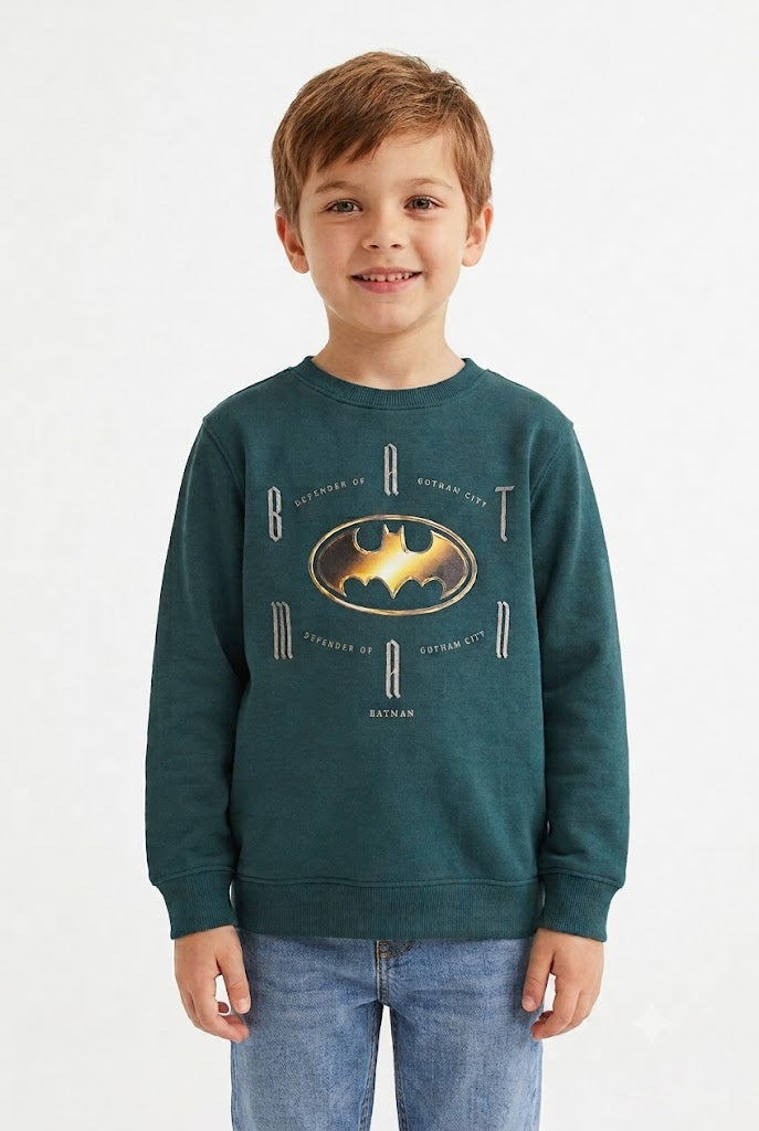 Men's Knitted Brushed Cotton Fleece Batman Graphic Crewneck Sweatshirt - Pacific