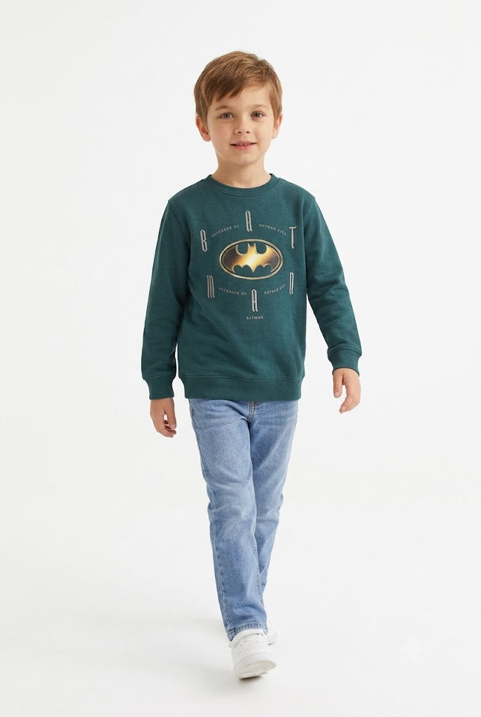 Men's Knitted Brushed Cotton Fleece Batman Graphic Crewneck Sweatshirt - Pacific