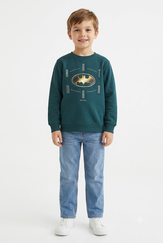 Men's Knitted Brushed Cotton Fleece Batman Graphic Crewneck Sweatshirt - Pacific
