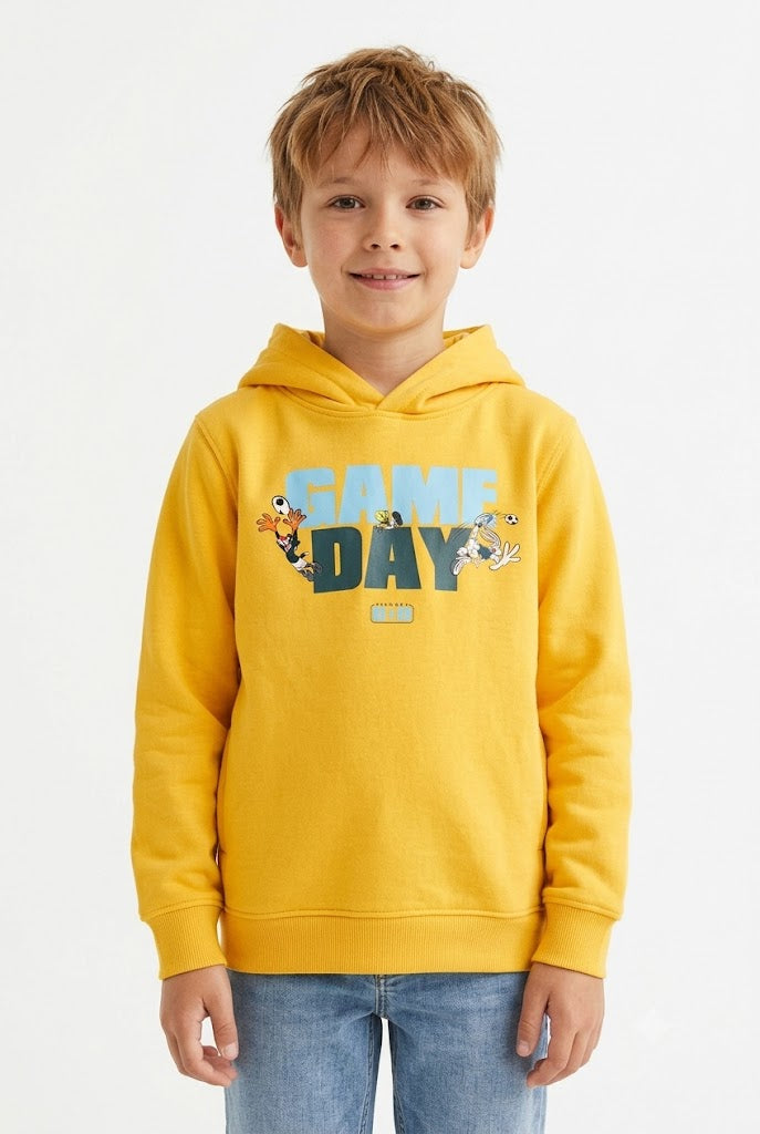 Junior Boys’ Knitted Brushed Cotton Fleece Looney Tunes Graphic Hooded Sweatshirt - Sunbeam
