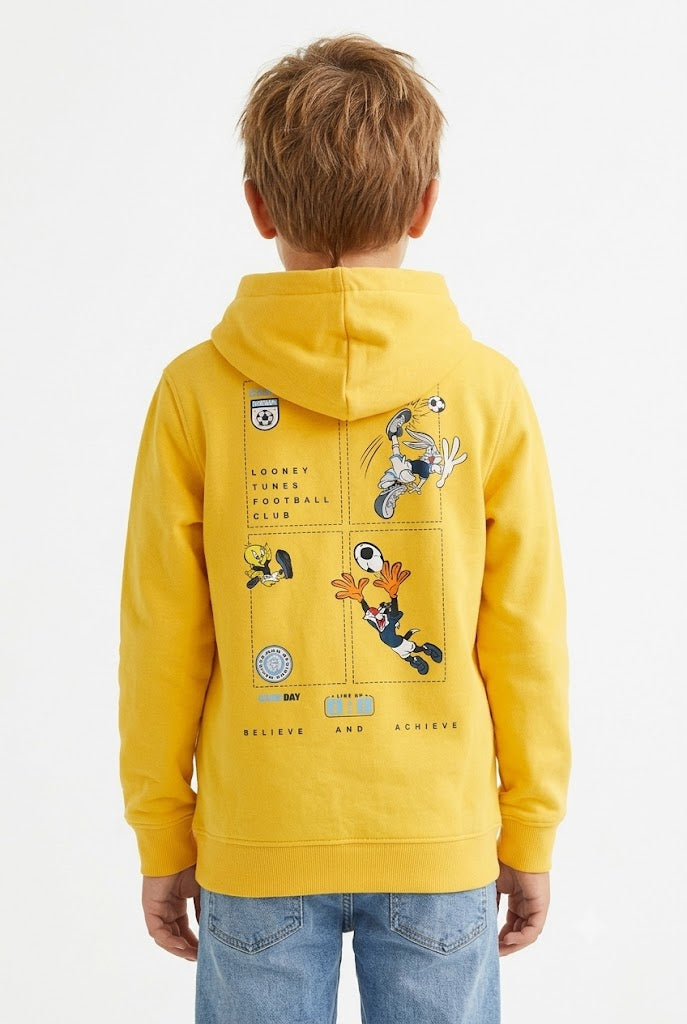 Junior Boys’ Knitted Brushed Cotton Fleece Looney Tunes Graphic Hooded Sweatshirt - Sunbeam