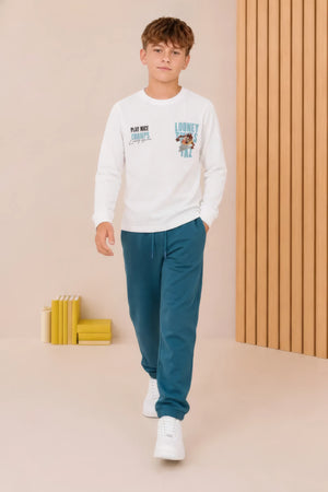 Junior Boys Marvel Off-White Seer Sucker Full Sleeve Pre-Winter T-Shirt – Regular Fit with Back Graphic Print