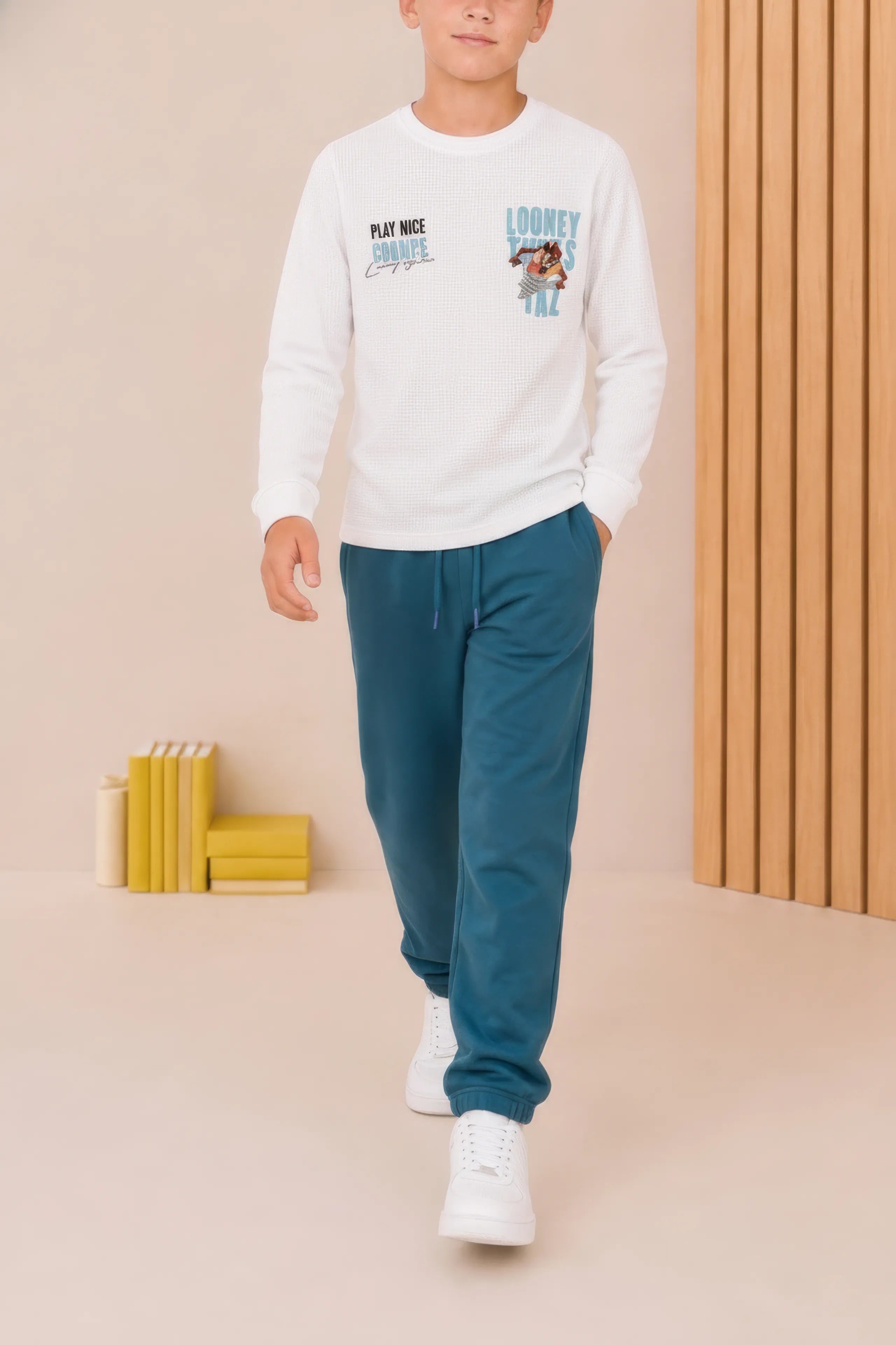 Junior Boys Marvel Off-White Seer Sucker Full Sleeve Pre-Winter T-Shirt – Regular Fit with Back Graphic Print