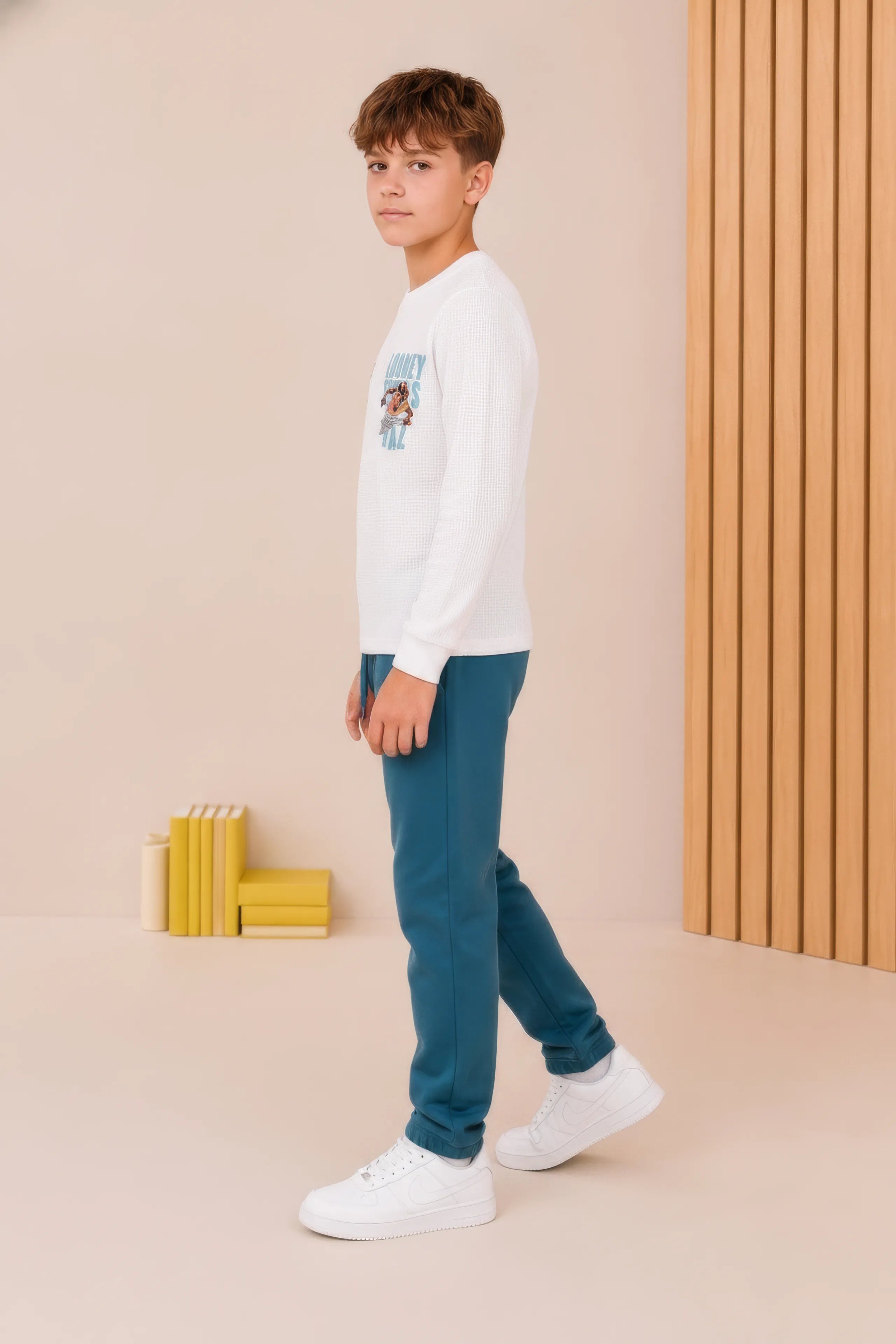 Junior Boys Marvel Off-White Seer Sucker Full Sleeve Pre-Winter T-Shirt – Regular Fit with Back Graphic Print