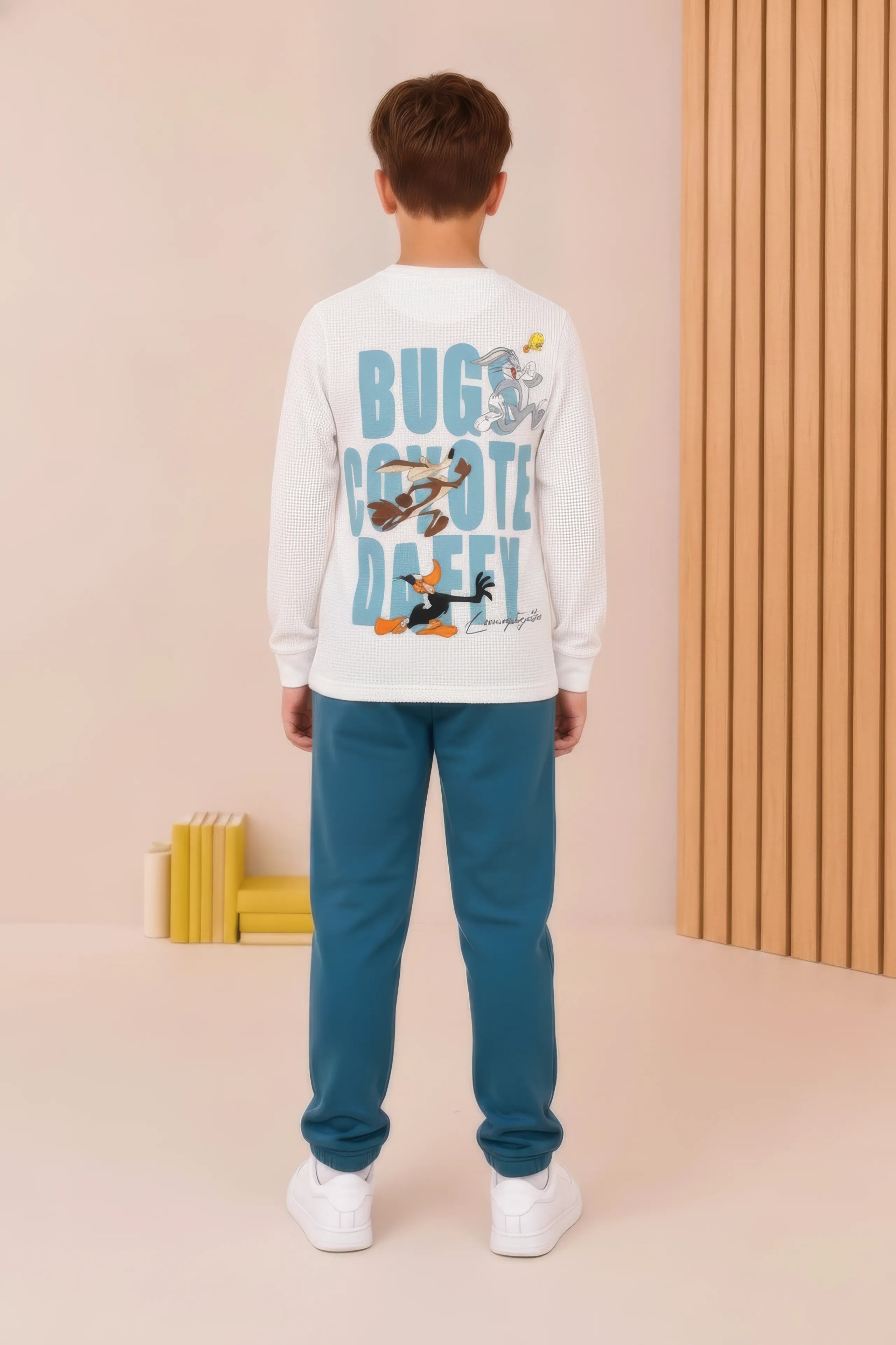 Junior Boys Marvel Off-White Seer Sucker Full Sleeve Pre-Winter T-Shirt – Regular Fit with Back Graphic Print