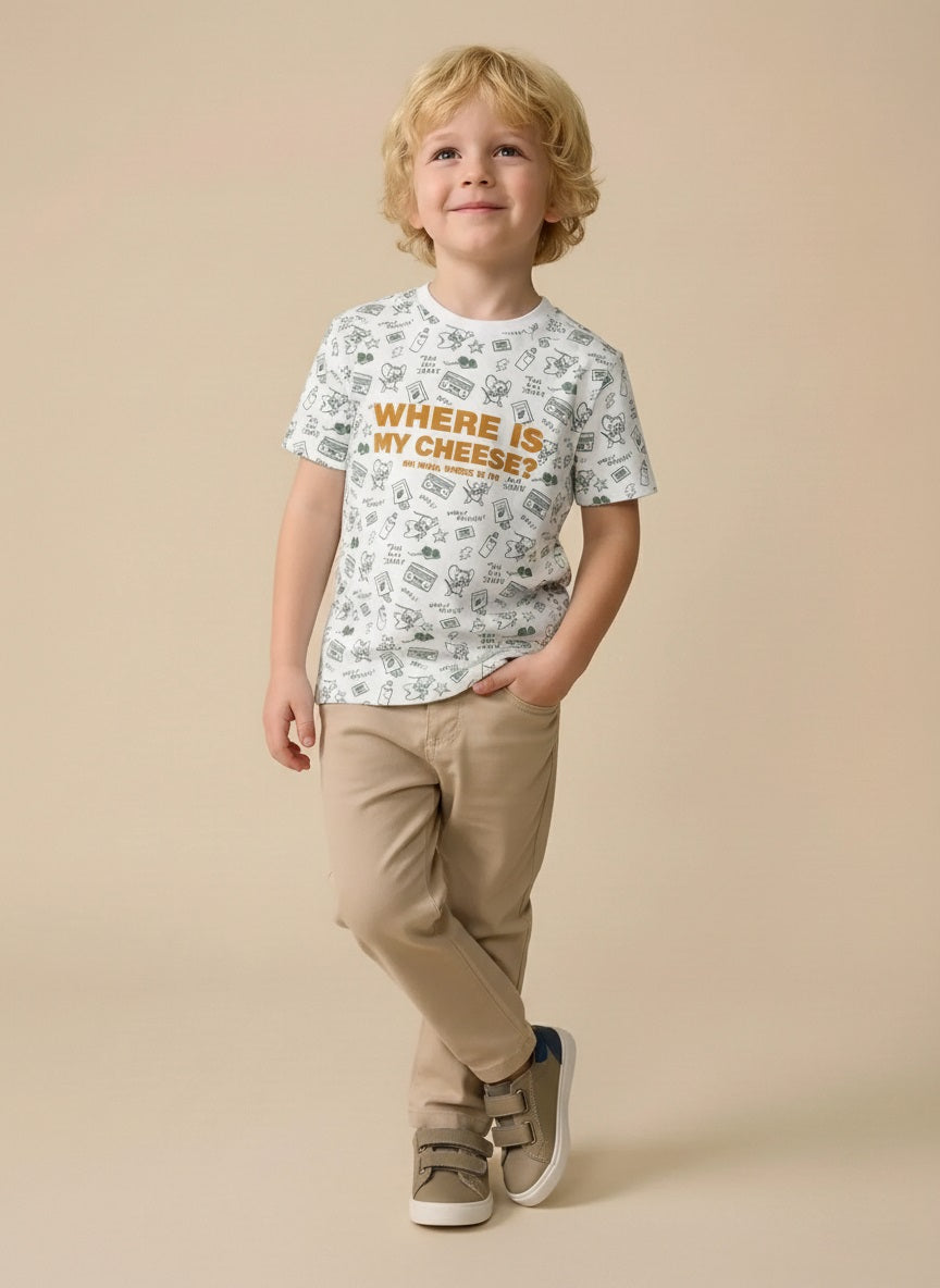 Boys Oil Green Tom & Jerry Printed Cotton T-shirt
