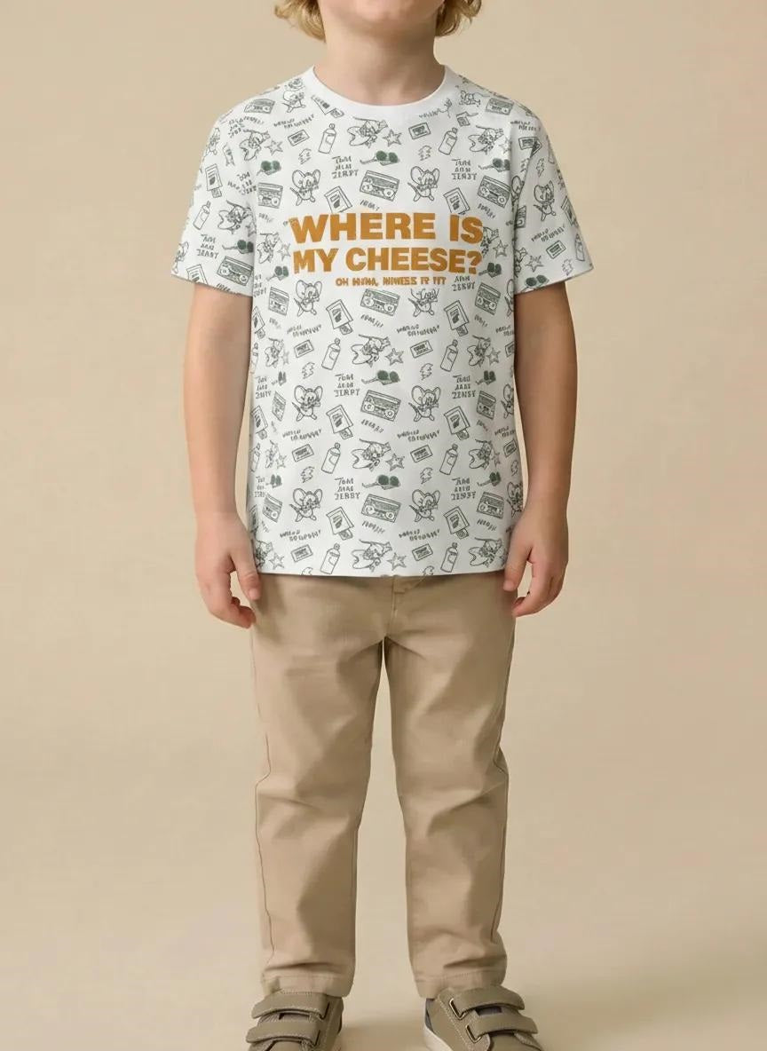 Boys Oil Green Tom & Jerry Printed Cotton T-shirt