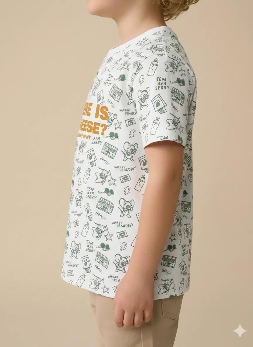 Boys Oil Green Tom & Jerry Printed Cotton T-shirt