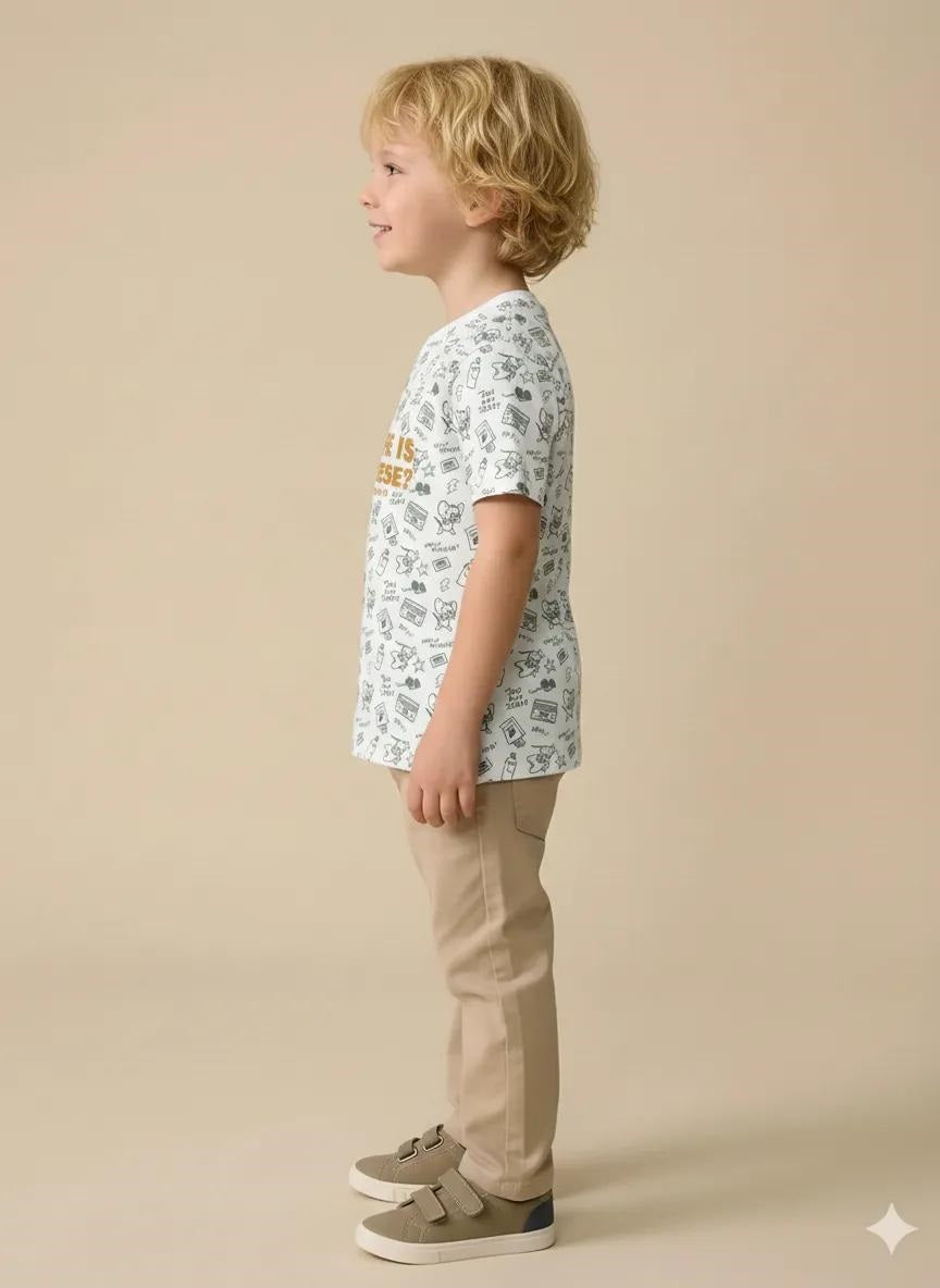 Boys Oil Green Tom & Jerry Printed Cotton T-shirt