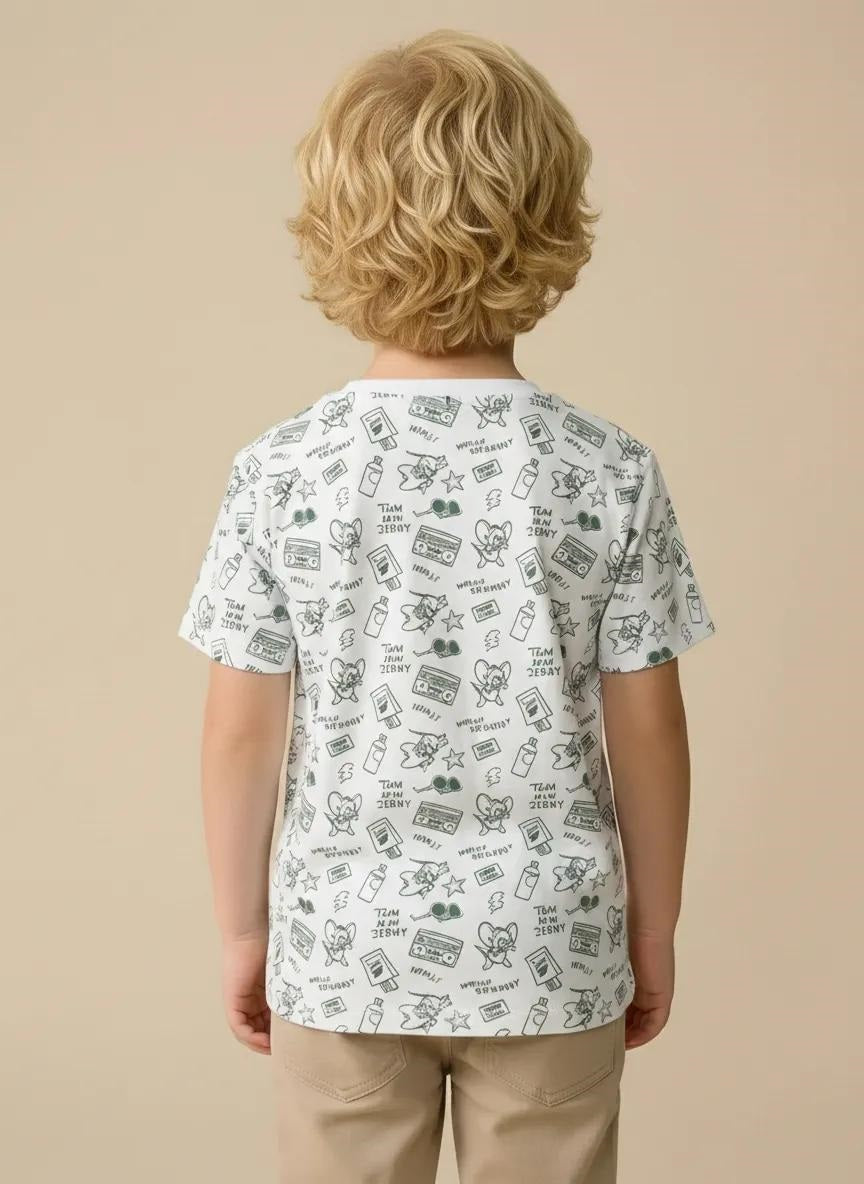 Boys Oil Green Tom & Jerry Printed Cotton T-shirt