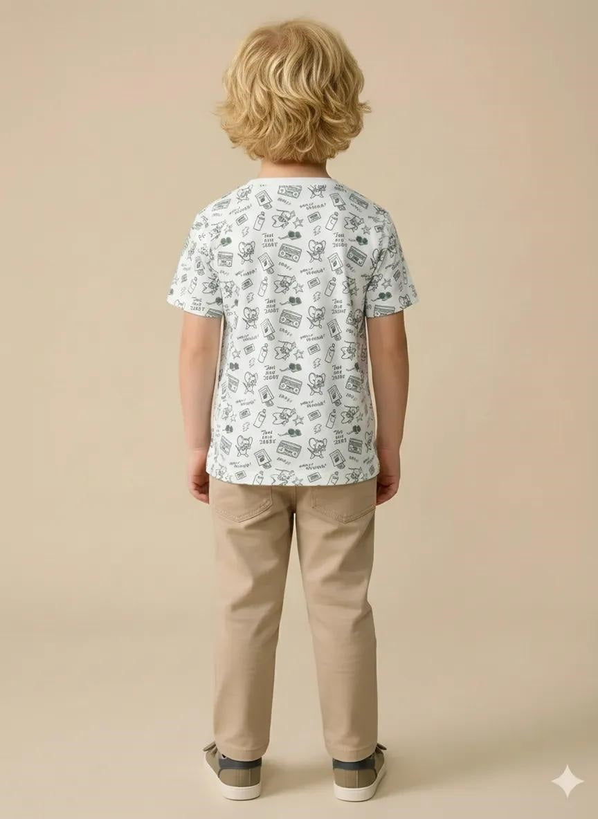 Boys Oil Green Tom & Jerry Printed Cotton T-shirt