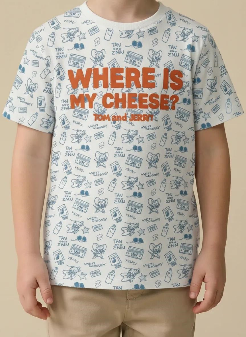 Boys Oxford Blue Tom & Jerry Printed Cotton T-shirt