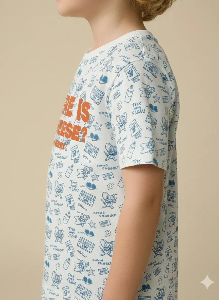 Boys Oxford Blue Tom & Jerry Printed Cotton T-shirt