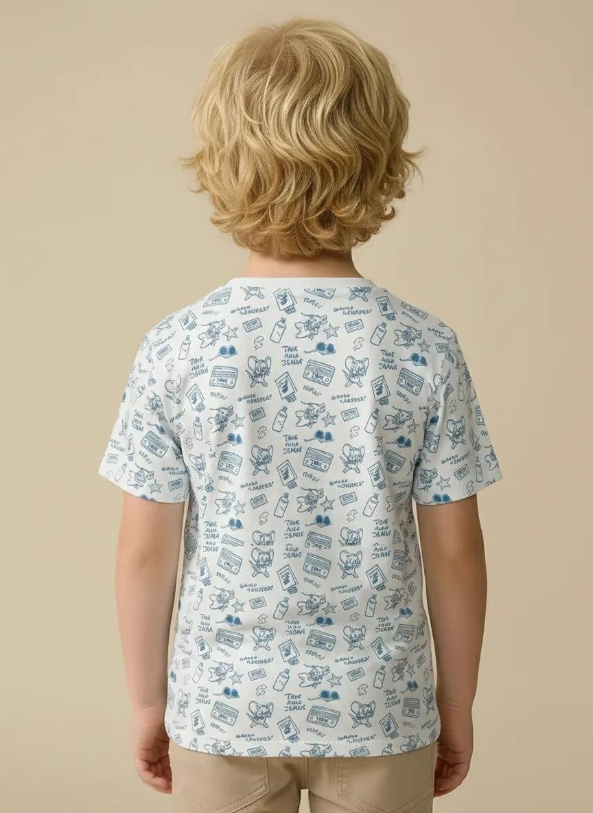 Boys Oxford Blue Tom & Jerry Printed Cotton T-shirt