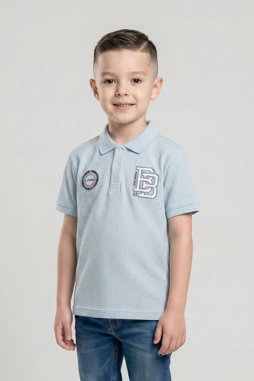 Boys Delicate Blue Printed Polo Collar T-shirt