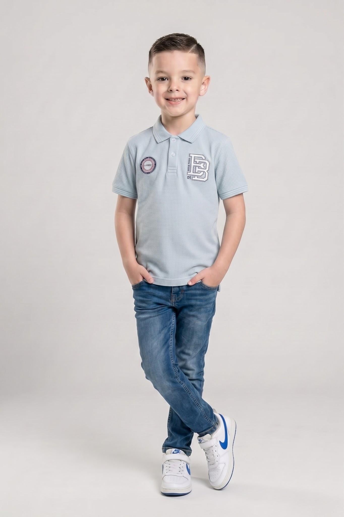 Boys Delicate Blue Printed Polo Collar T-shirt