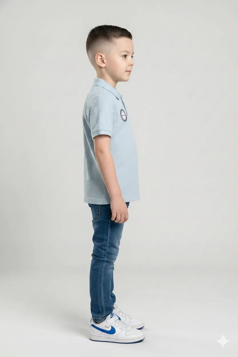 Boys Delicate Blue Printed Polo Collar T-shirt