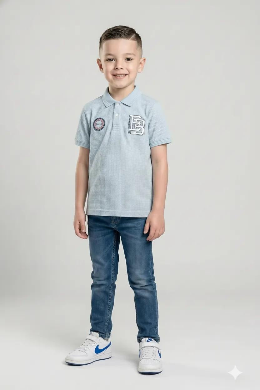Boys Delicate Blue Printed Polo Collar T-shirt