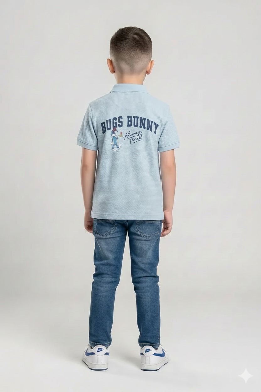 Boys Delicate Blue Printed Polo Collar T-shirt