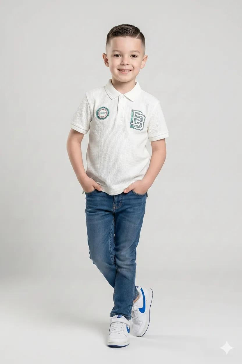 Boy Off White Printed Polo Neck T-Shirt
