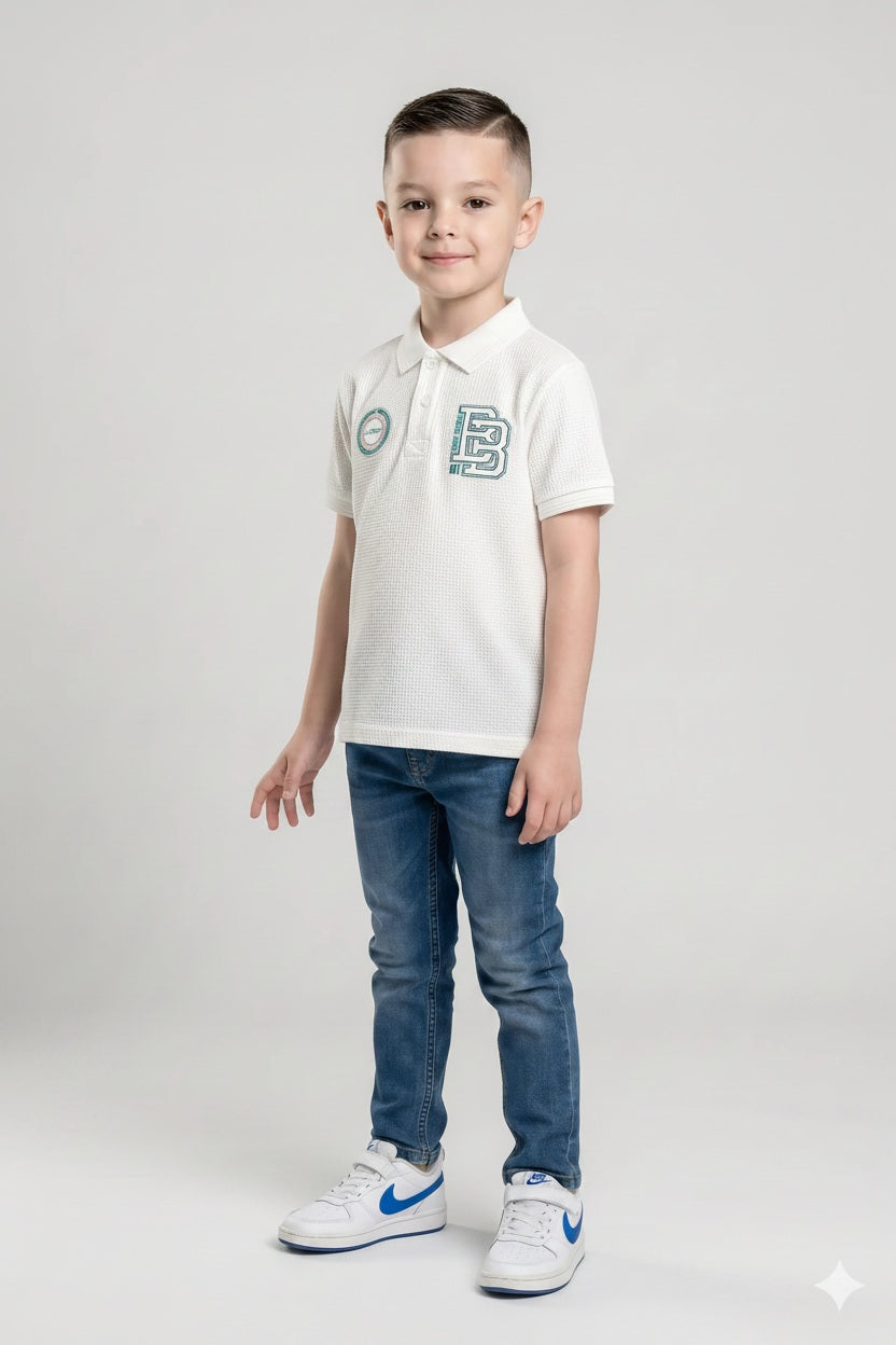 Boy Off White Printed Polo Neck T-Shirt