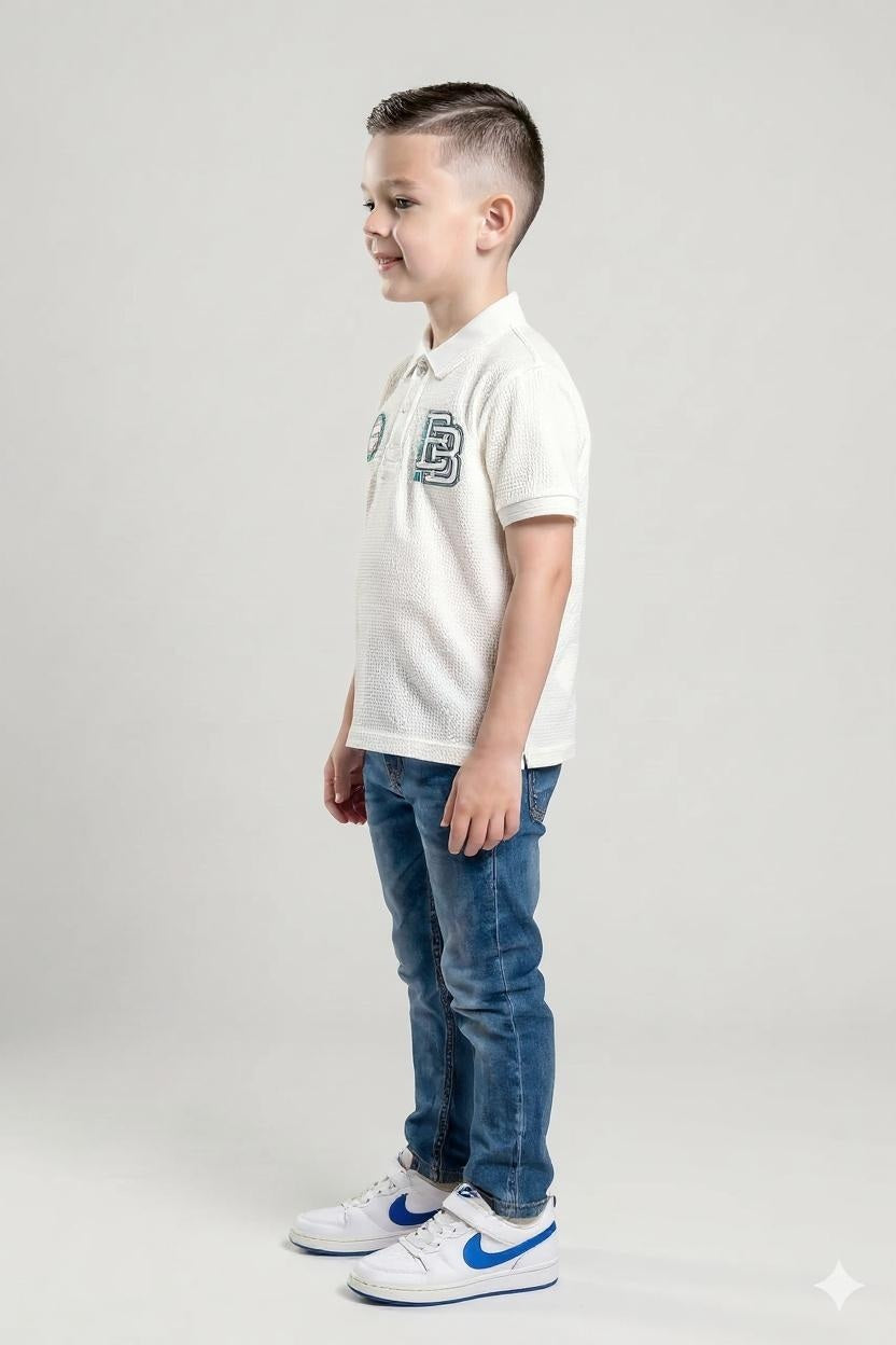 Boy Off White Printed Polo Neck T-Shirt