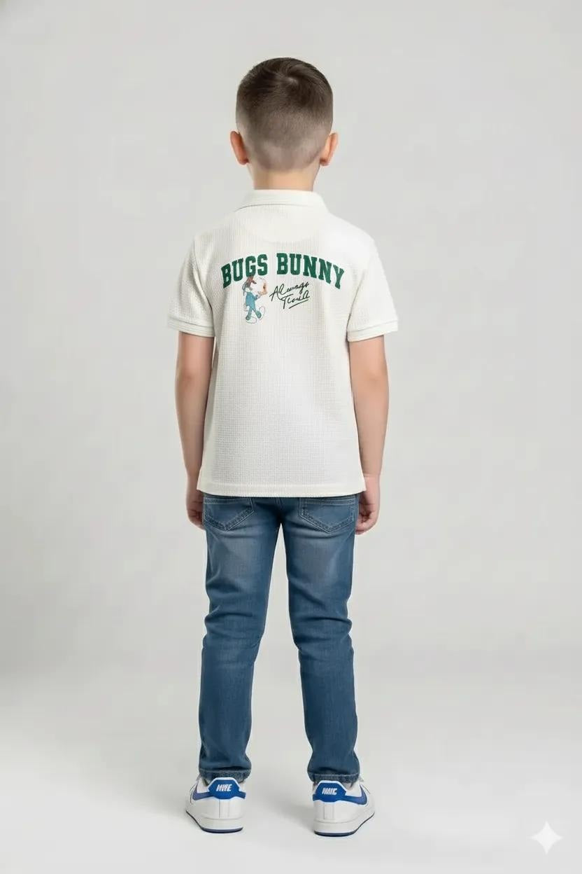 Boy Off White Printed Polo Neck T-Shirt