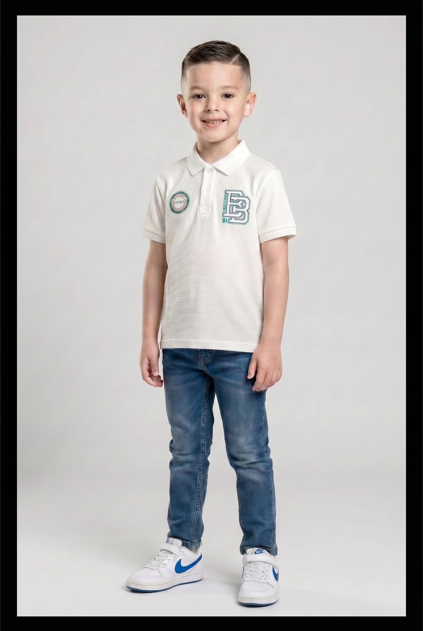 Boy Off White Printed Polo Neck T-Shirt