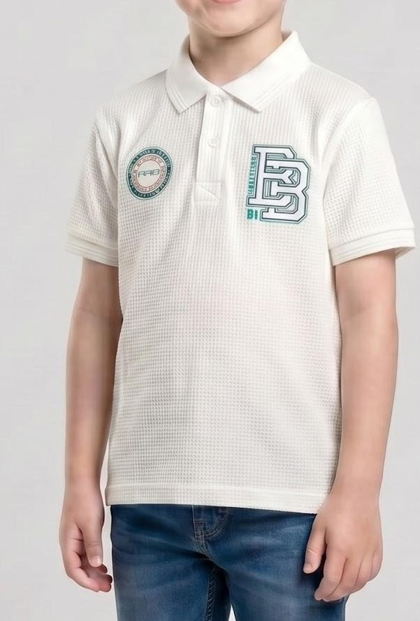 Boy Off White Printed Polo Neck T-Shirt