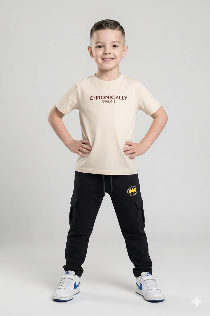 Boys Black Regular Fit Brand Logo Printed Cotton Joggers
