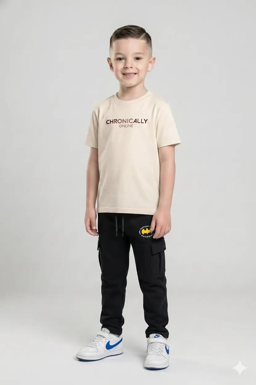 Boys Black Regular Fit Brand Logo Printed Cotton Joggers