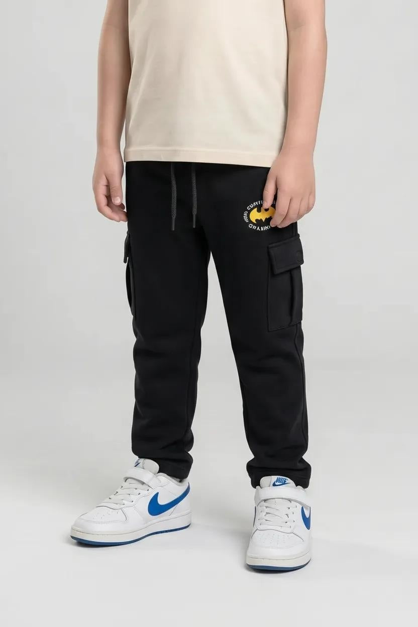 Boys Black Regular Fit Brand Logo Printed Cotton Joggers